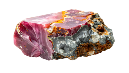 Vivid gemstone shows layers of crystalline purple & grey rock, with amber hues, on black