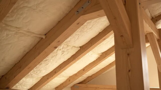 Interior view of a wooden framework supporting a roof with insulation filling the gaps