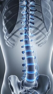 3D render of human spine, vertebrae, nerves, and ribcage, in blue and grey