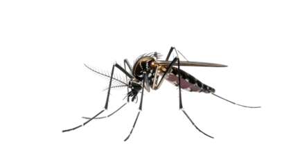 Detailed close-up of a mosquito with striped legs and wings, on a solid black background