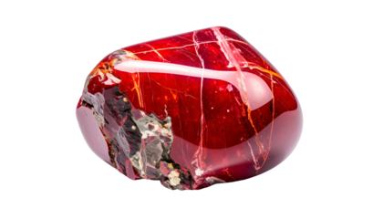 Polished, vibrant red gemstone with veins and dark inclusions, against black background