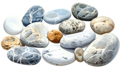 A collection of polished, smooth, various-colored stones with intricate natural textures