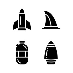 Obraz premium Four distinct icons representing different concepts - rocket, shark fin, scuba tank, and bullet.