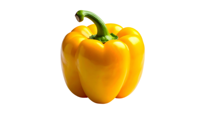 Bright, vibrant, ripe yellow bell pepper with green stem and high-key isolated on black