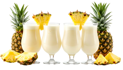 Tropical cocktail glasses with pineapple garnish and whole fruit