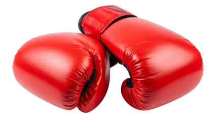 Two vibrant red boxing gloves are displayed against a transparent background