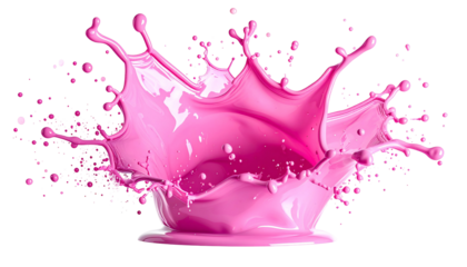 A vibrant, glossy splash of pink liquid forms a crown-like shape against a black backdrop