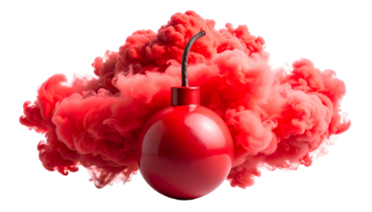 A red, cartoonish bomb with fuse, exploding into a voluminous cloud of red smoke