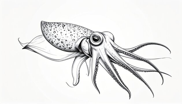 Detailed Ink Drawing of a Cuttlefish with Intricate Tentacles.