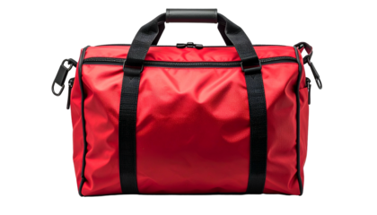 A vibrant red duffel bag, black straps and handle, on a transparent background