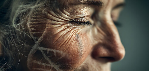 Profile portrait of senior woman with closed eyes. DNA double helix structure in gentle pastel background. Concept of genetic research, biotech ageing, anti-age, gerontology science, skin care,
