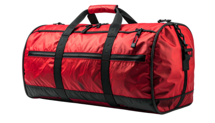A glossy red duffel bag with black accents, zippers, straps, and handles against a black ground