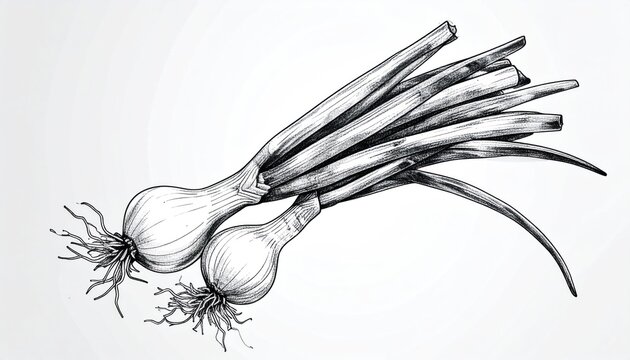 Detailed Ink Drawing of Fresh Spring Onions with Roots.