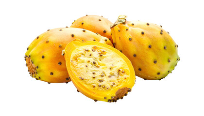 Close-up of several yellow cactus fruits, one cut open to reveal the pulp