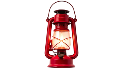 A lit, red, vintage lantern glows brightly against a dark, empty backdrop