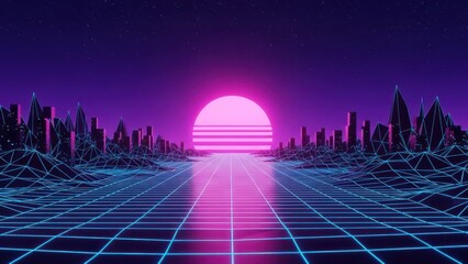 A retro-futuristic digital cityscape at sunset, rendered with low-poly aesthetics and vibrant neon hues