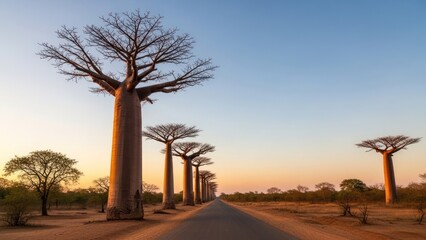 Fototapeta premium A road stretches through a landscape of distinctive, bottle-shaped trees under a serene sky