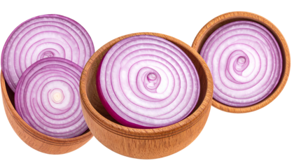 Sliced red onion rings nestled in wooden bowls, on a dark backdrop