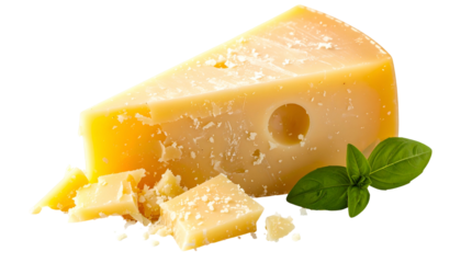 Close-up of a wedge of hard, textured cheese with a basil sprig on a transparent background