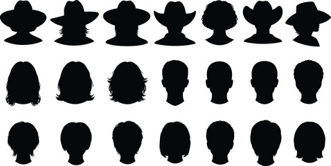 People head silhouettes collection, male and female profiles with hats and hairstyles, anonymous avatar faces set, black vector illustration for identity design