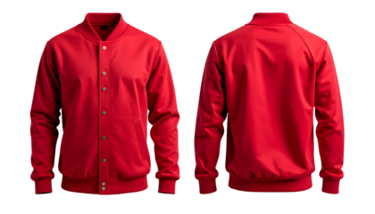 Front and back views of a bright red bomber jacket, sleeves, cuffs, and collar