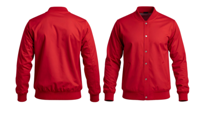 Front & back view of a bright red bomber jacket on a black background