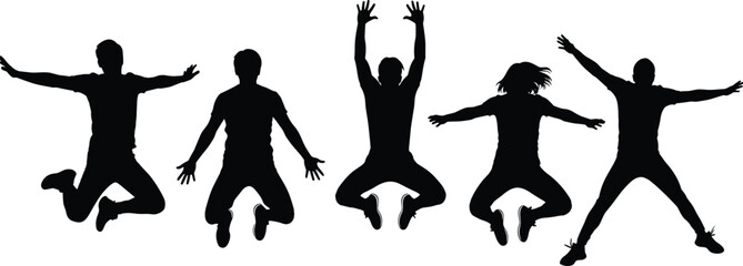 People jumping silhouettes vector illustration set, group of men and women expressing joy energy and freedom, happiness celebration concept, dynamic black design