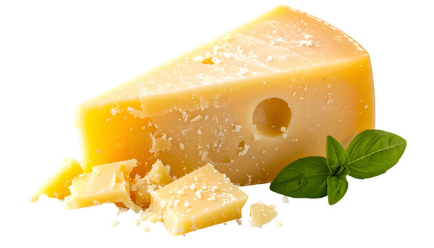 Close-up of a wedge of hard, textured cheese with a basil sprig on a transparent background