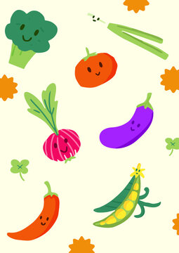 set of fresh vegetables with cute colour patterns and food