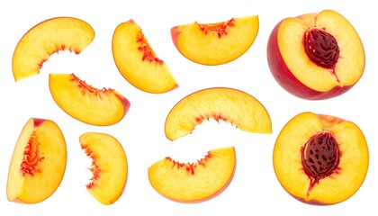 Fresh, sliced peaches showcasing yellow flesh, red accents, and visible pits against white