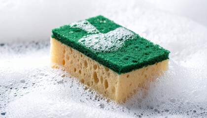 Close up macro photograph showcasing a dual-sided yellow and green kitchen scrubbing sponge resting in a generous amount of white dishwashing soap suds and foam
