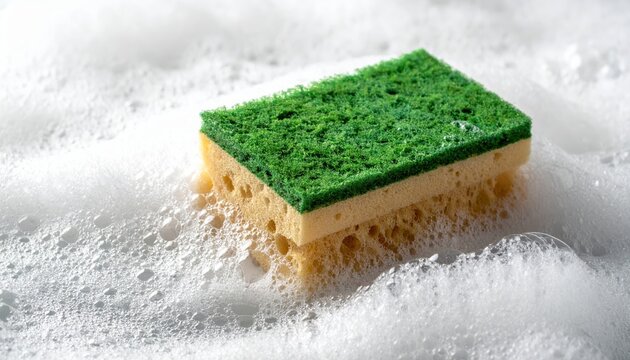 Close up macro photograph of a yellow kitchen cleaning sponge with a green abrasive scourer top resting in rich white soap suds and water bubbles ready for washing dishes.