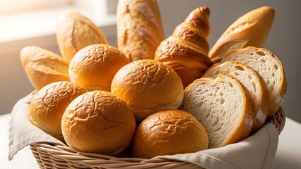 Basket of Freshly Baked Bread: A tempting assortment of golden-brown loaves and rolls, filling a woven basket, offers a delicious variety, promising a symphony of flavors and textures. 