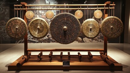 Antique bronze gongs on display in museum exhibit
