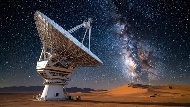 A large radio telescope observes the night sky, Milky Way visible, set in a desert landscape