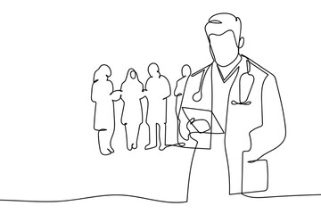 A single, continuous line a group of resident physicians in medical education. Minimalist Editable stroke.
