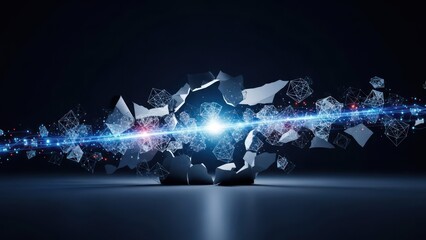 Abstract digital explosion with a central light, surrounded by debris & data streams