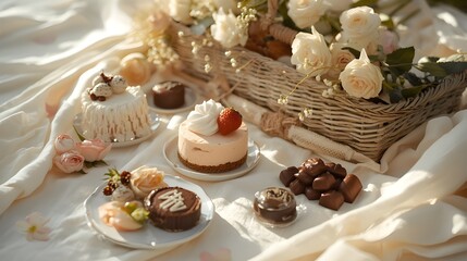 Soft Romantic Picnic Scene with Chocolate and Pink Desserts