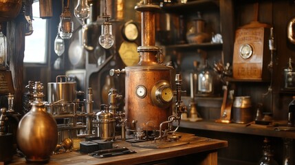 Antique copper still and laboratory equipment on wooden table in a historical workshop