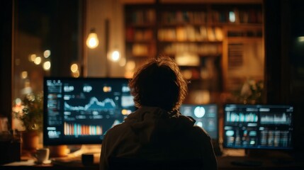 Person Analyzing Data on Multiple Monitors in a Cozy Office Space