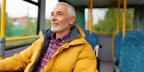 Senior man in wheelchair riding on public bus. Social life of disabled people concept.