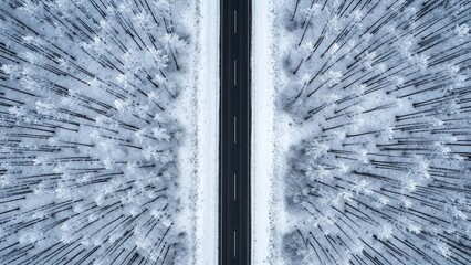 Aerial view of a black road bisecting snow-covered trees in winter