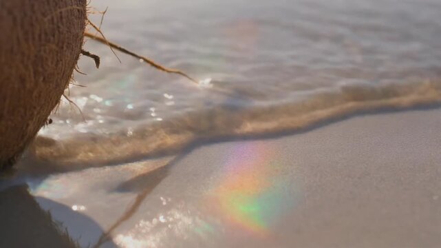 Closeup of a coconut shell partially submerged in shallow water with a rainbow lens flare. 4k Food Footage Video