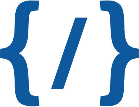 A bold blue vector icon featuring a slash symbol enclosed within curly brackets. This graphic represents web development, programming code, script formatting, and software engineering.