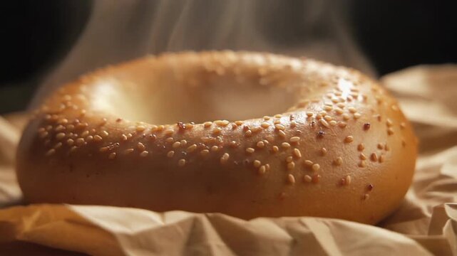 Close up of a freshly baked sesame seed bagel with steam rising. 4k Food Footage Video