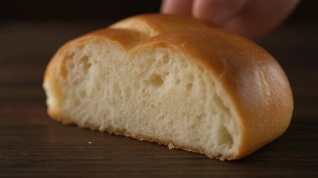 Close up of a knife slicing a fresh loaf of bread on a wooden table. 4k Food Footage Video