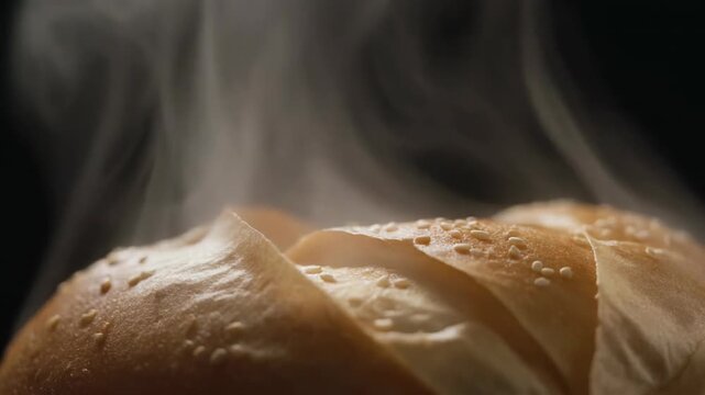 Close up of freshly baked bread with steam rising. 4k Food Footage Video