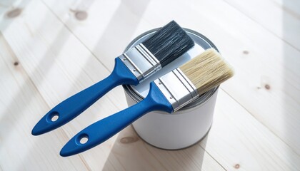 Two new paint brushes with bright blue handles resting on the lid of a closed white paint can set upon a light wooden surface ready for home improvement projects