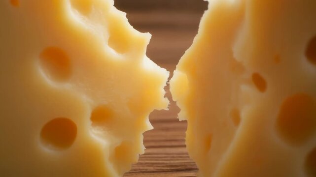 Closeup Macro Shot of Swiss Cheese with Large Holes. 4k Food Footage Video