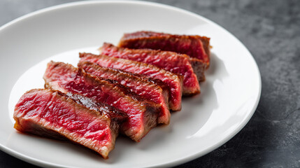 Fototapeta premium 白い丸皿に美しく並べられた絶妙な焼き加減のジューシーな厚切りビーフステーキの断面